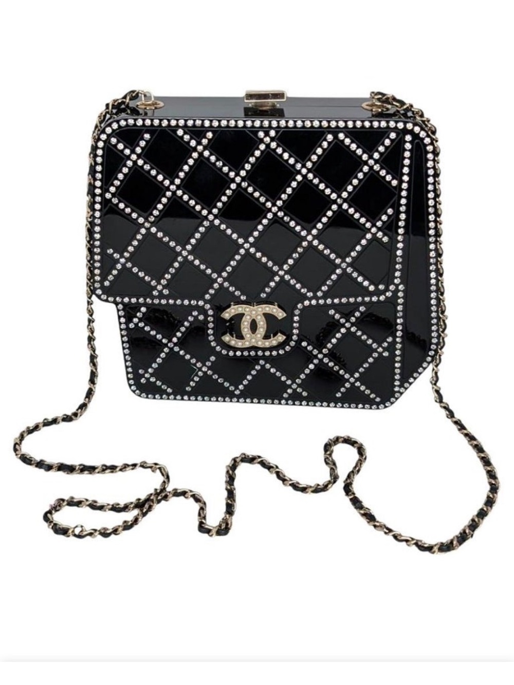 CHANEL Black Quilted Crystal-Trim Box Crossbody Bag